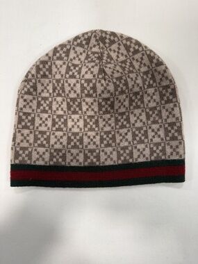 Gucci Beige & Brown GG Wool Knit Beanie w/ Green-Red-Green Web Stripe Italy